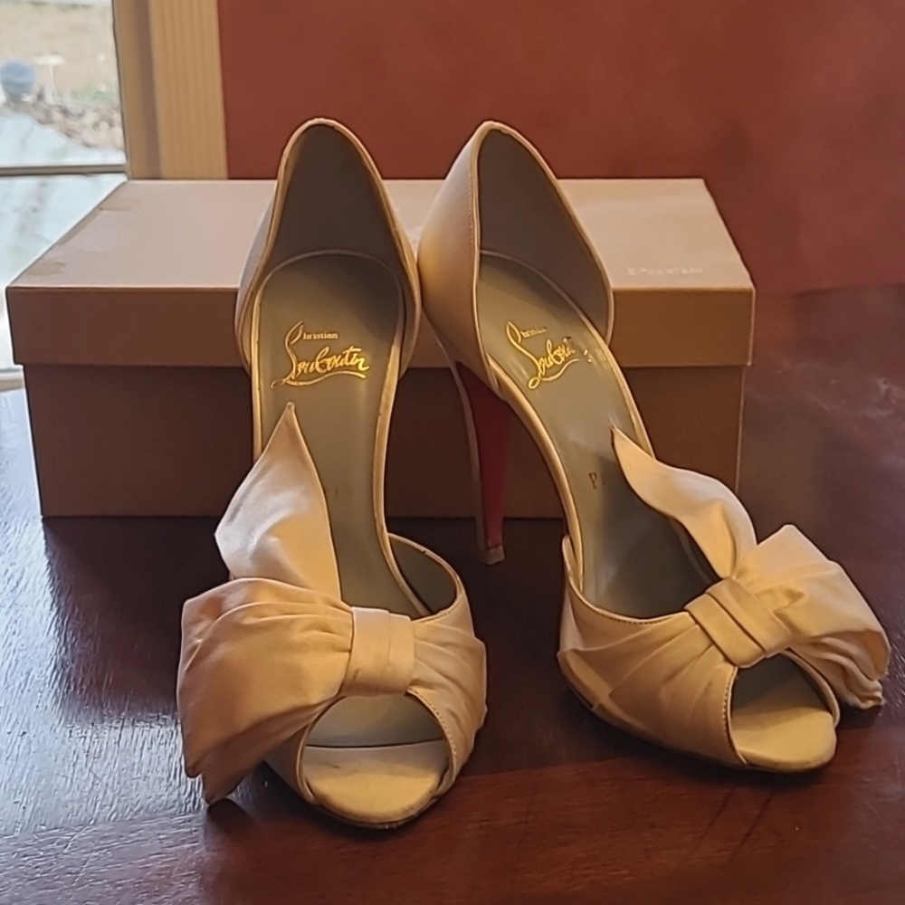 Christian Louboutin white silk heels